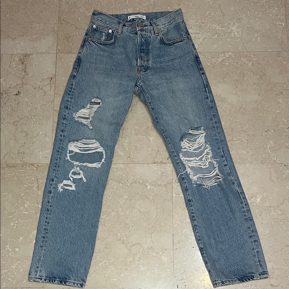 Mango Blue Distressed Straight Leg Jeans